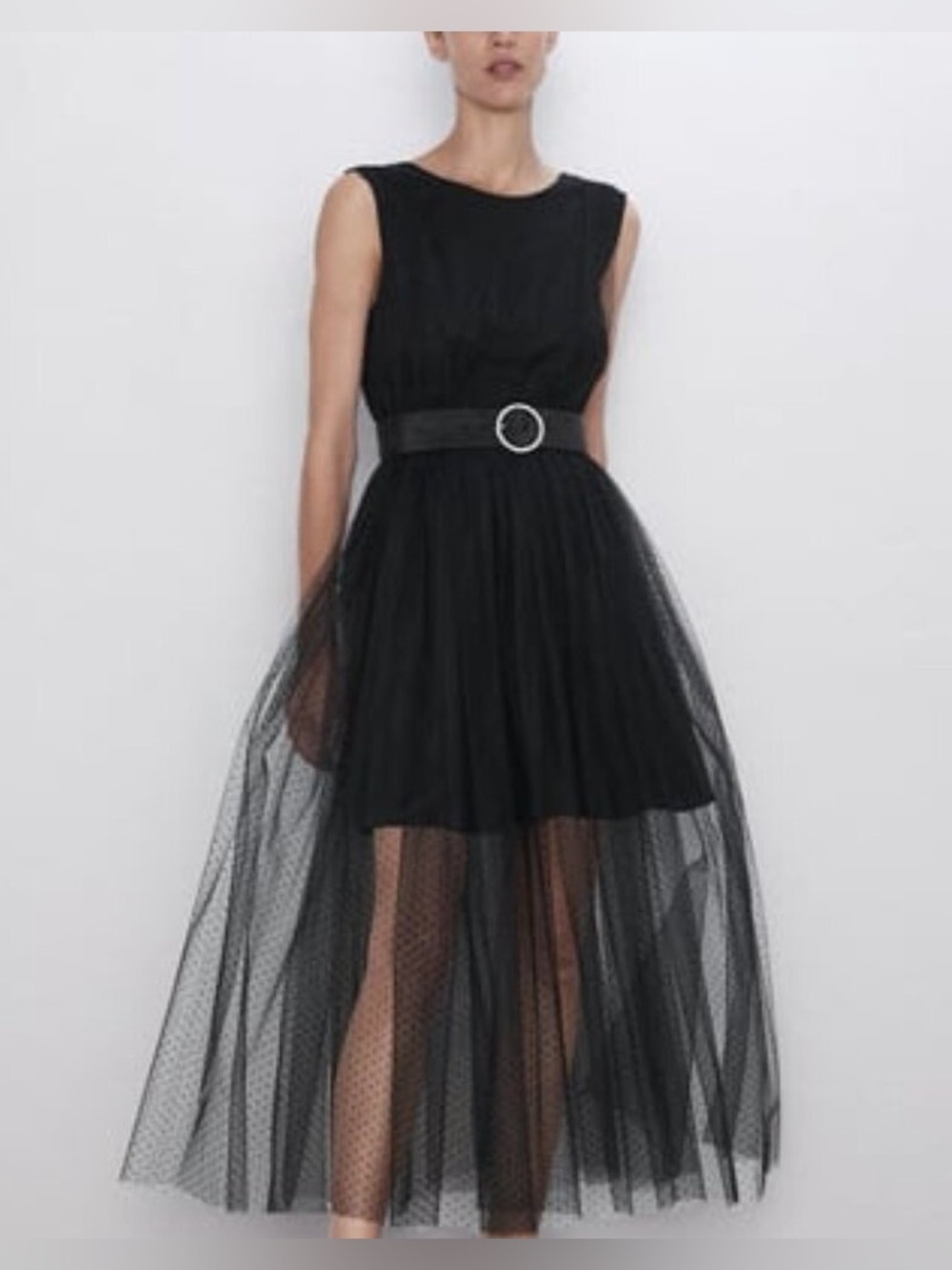 Zara Polka Dot Tulle Sleeveless Overlay Dress Open Back Mesh Elegant